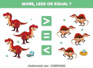 Education game for children more less or equal count the amount of cute cartoon prehistoric dinosaur tyrannosaurus and spinosaurus