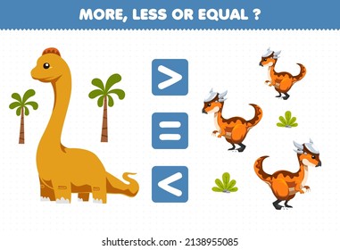 Education game for children more less or equal count the amount of cute cartoon prehistoric dinosaur brontosaurus and stygimoloch