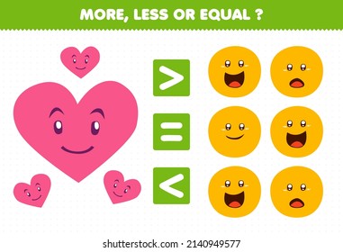 Education game for children more less or equal count the amount of cute cartoon geometric shape heart and circle