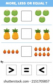 Education game for children more less or equal count the amount of cartoon fruits coconut pineapple dragon fruit then cut and glue cut the correct sign