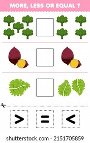 Education game for children more less or equal count the amount of cartoon vegetables spinach yam kale then cut and glue cut the correct sign