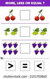 Education game for children more less or equal count the amount of cartoon fruits cherry olive grape then cut and glue cut the correct sign