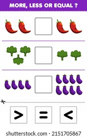 Education game for children more less or equal count the amount of cartoon vegetables chili spinach eggplant then cut and glue cut the correct sign