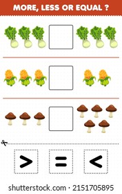 Education game for children more less or equal count the amount of cartoon vegetables lettuce corn mushroom then cut and glue cut the correct sign