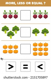 Education game for children more less or equal count the amount of cartoon vegetables beet broccoli pumpkin then cut and glue cut the correct sign