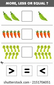 Education game for children more less or equal count the amount of cartoon vegetables peas carrot asparagus then cut and glue cut the correct sign