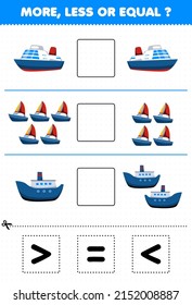 Education game for children more less or equal count the amount of cartoon water transportation ocean liner sail boat ferry ship then cut and glue cut the correct sign