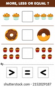 Education Game For Children More Less Or Equal Count The Amount Of Cartoon Food Muffin Donut Cupcake Then Cut And Glue Cut The Correct Sign