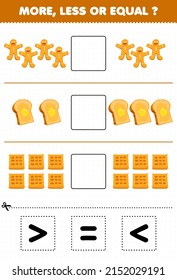 Education Game For Children More Less Or Equal Count The Amount Of Cartoon Food Gingerbread Toast Waffle Then Cut And Glue Cut The Correct Sign