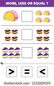 Education Game For Children More Less Or Equal Count The Amount Of Cartoon Food Sweet Cake Then Cut And Glue Cut The Correct Sign