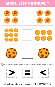 Education Game For Children More Less Or Equal Count The Amount Of Cartoon Food Sweet Biscuit Cookies Then Cut And Glue Cut The Correct Sign