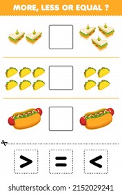 Education Game For Children More Less Or Equal Count The Amount Of Cartoon Fast Food Sandwich Taco Hotdog Then Cut And Glue Cut The Correct Sign