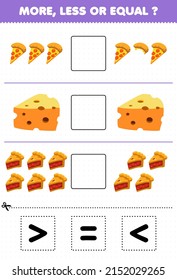 Education Game For Children More Less Or Equal Count The Amount Of Cartoon Food Pizza Cheese Pie Then Cut And Glue Cut The Correct Sign