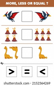 Education game for children more less or equal count the amount of cartoon prehistoric dinosaur pteranodon volcano brontosaurus then cut and glue cut the correct sign