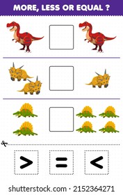 Education game for children more less or equal count the amount of cartoon prehistoric dinosaur tyrannosaurus xenoceratops dimetrodon then cut and glue cut the correct sign
