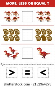 Education game for children more less or equal count the amount of cartoon prehistoric red dinosaur spinosaurus fossil tyrannosaurus then cut and glue cut the correct sign