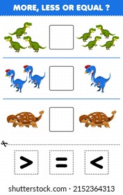 Education game for children more less or equal count the amount of cartoon prehistoric dinosaur yangchuanosaurus oviraptor ankylosaurus then cut and glue cut the correct sign