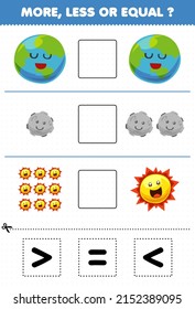 Education game for children more less or equal count the amount of cute cartoon solar system earth planet moon sun then cut and glue cut the correct sign