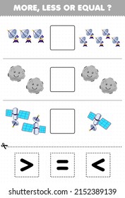 Education game for children more less or equal count the amount of cute cartoon solar system radar planet satellite then cut and glue cut the correct sign