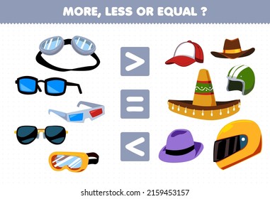 Education game for children more less or equal count the amount of cartoon wearable clothes goggles glasses sunglasses cap hat helm fedora sombrero