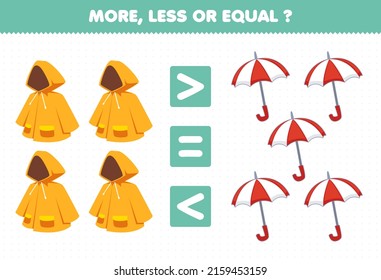 Education game for children more less or equal count the amount of cartoon wearable clothes raincoat and umbrella