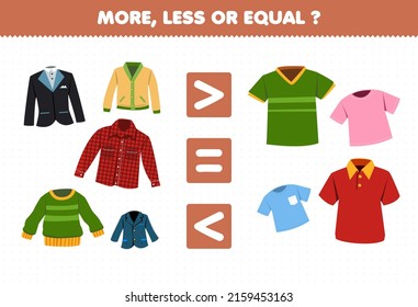 Education game for children more less or equal count the amount of cartoon wearable clothes tuxedo suit cardigan sweater flannel blazer jersey t shirt polo shirt