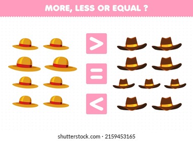 Education game for children more less or equal count the amount of cartoon wearable clothes hat