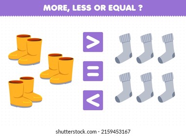 Education game for children more less or equal count the amount of cartoon wearable footwear boot and sock