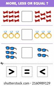 Education game for children more less or equal count the amount of cartoon wearable accessories ribbon ring glasses then cut and glue cut the correct sign
