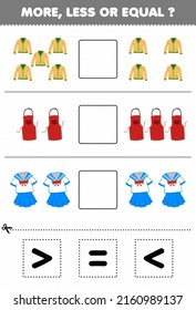 Education game for children more less or equal count the amount of cartoon wearable clothes cardigan apron uniform then cut and glue cut the correct sign