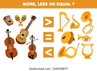 Education game for children more less or equal count the amount of cartoon music instrument kalimba maracas guitar cello violin harp saxophone trumpet cymbals lyre printable worksheet