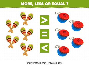 Education game for children more less or equal count the amount of cartoon music instrument maracas and castanet printable worksheet