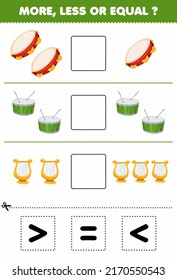 Education game for children more less or equal count the amount of cartoon music instrument tambourine drum lyre then cut and glue cut the correct sign