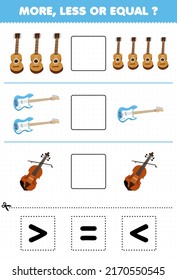 Education game for children more less or equal count the amount of cartoon music instrument guitar bass violin then cut and glue cut the correct sign