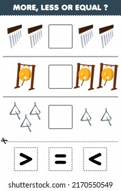 Education game for children more less or equal count the amount of cartoon music instrument chimes gong triangle then cut and glue cut the correct sign