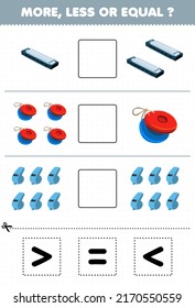 Education game for children more less or equal count the amount of cartoon music instrument harmonica castanet whistle then cut and glue cut the correct sign