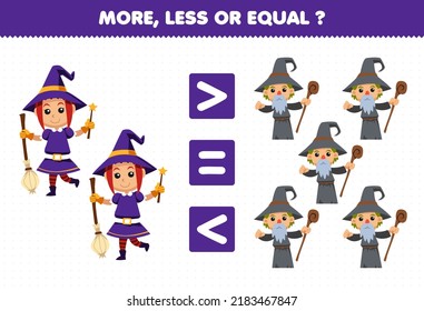 Education game for children more less or equal count the amount of cute cartoon witch and wizard costume halloween printable worksheet
