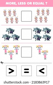 Education game for children more less or equal count the amount of cute cartoon voodoo doll werewolf zombie nurse costume then cut and glue cut the correct sign halloween worksheet