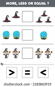 Education game for children more less or equal count the amount of cute cartoon hat magic orb wizard costume then cut and glue cut the correct sign halloween worksheet