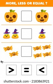 Education game for children more less or equal count the amount of cute cartoon pumpkin corn candy then cut and glue cut the correct sign halloween worksheet