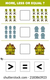 Education Game For Children More Less Or Equal Count The Amount Of Cute Cartoon Spooky House Tombstone Zombie Costume Then Cut And Glue Cut The Correct Sign Halloween Worksheet