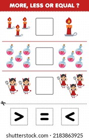Education game for children more less or equal count the amount of cute cartoon candle potion bottle devil girl costume then cut and glue cut the correct sign halloween worksheet