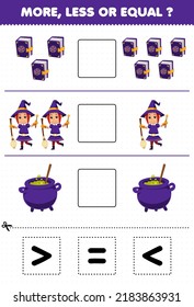 Education game for children more less or equal count the amount of cute cartoon magic book cauldron witch costume then cut and glue cut the correct sign halloween worksheet