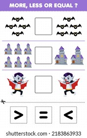 Education game for children more less or equal count the amount of cute cartoon bat castle dracula costume then cut and glue cut the correct sign halloween worksheet