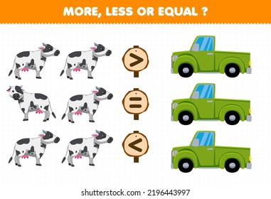 Education game for children more less or equal count the amount of cute cartoon cow and pickup truck printable farm worksheet