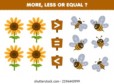 Education game for children more less or equal count the amount of cute cartoon bee and sunflower printable farm worksheet