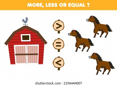 Education game for children more less or equal count the amount of cute cartoon barn and horse printable farm worksheet