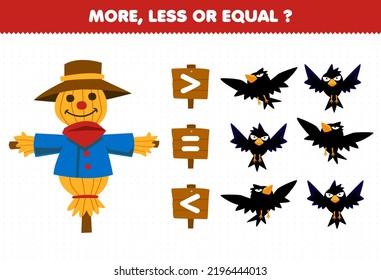 Education game for children more less or equal count the amount of cute cartoon crow and scarecrow printable farm worksheet