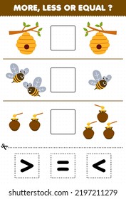 Education game for children more less or equal count the amount of cute cartoon bee beehive honey then cut and glue cut the correct sign farm worksheet