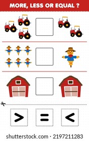 Education game for children more less or equal count the amount of cute cartoon tractor scarecrow barn then cut and glue cut the correct sign farm worksheet